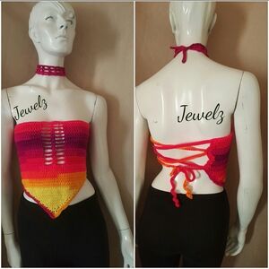 Handmade Crochet Gradient Halter Top in Pink-Red-Orange-Yellow